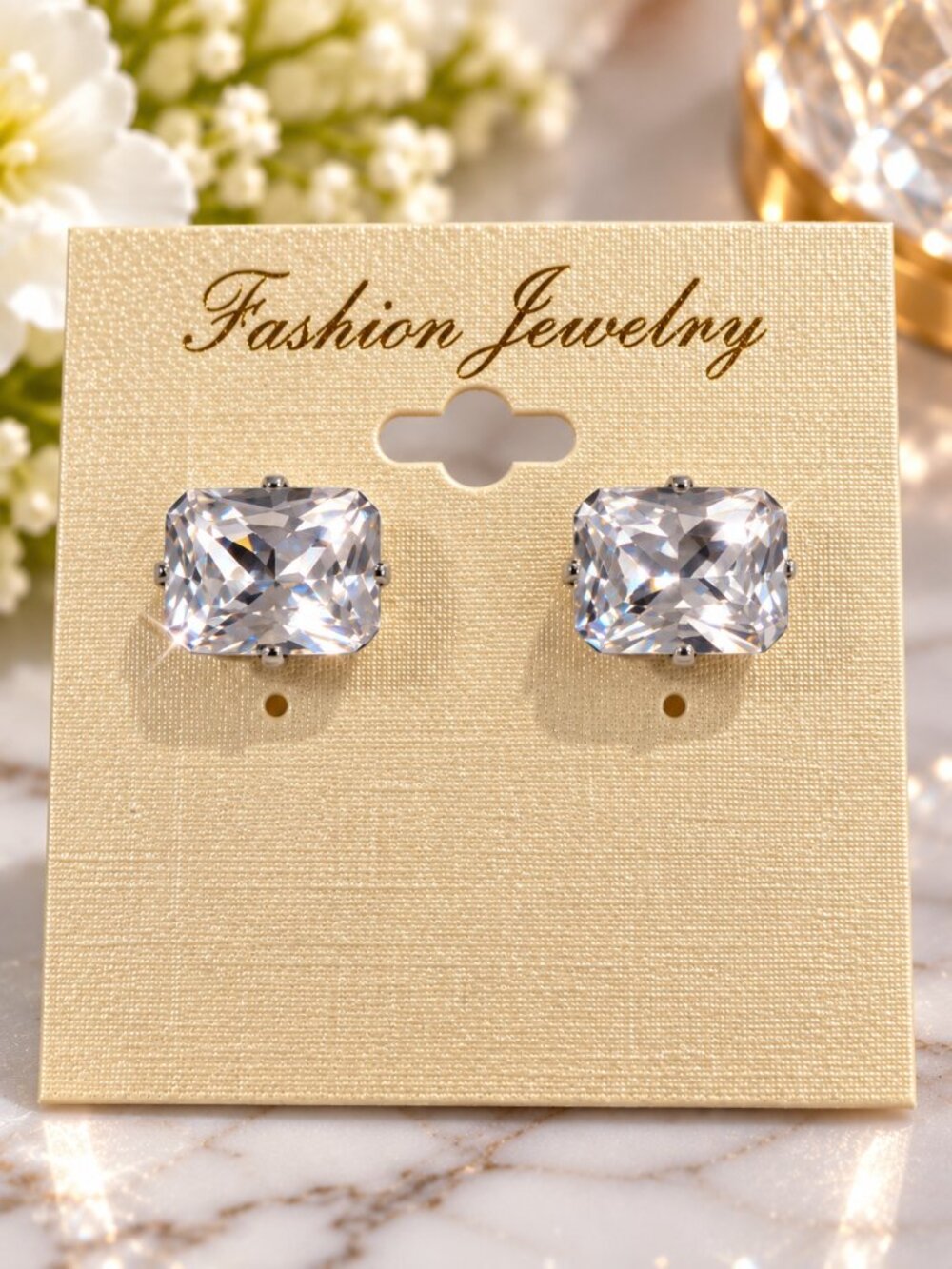 Sparkling Clear Crystal Rectangular Stud Earrings Silver Tone Elegant Jewelry